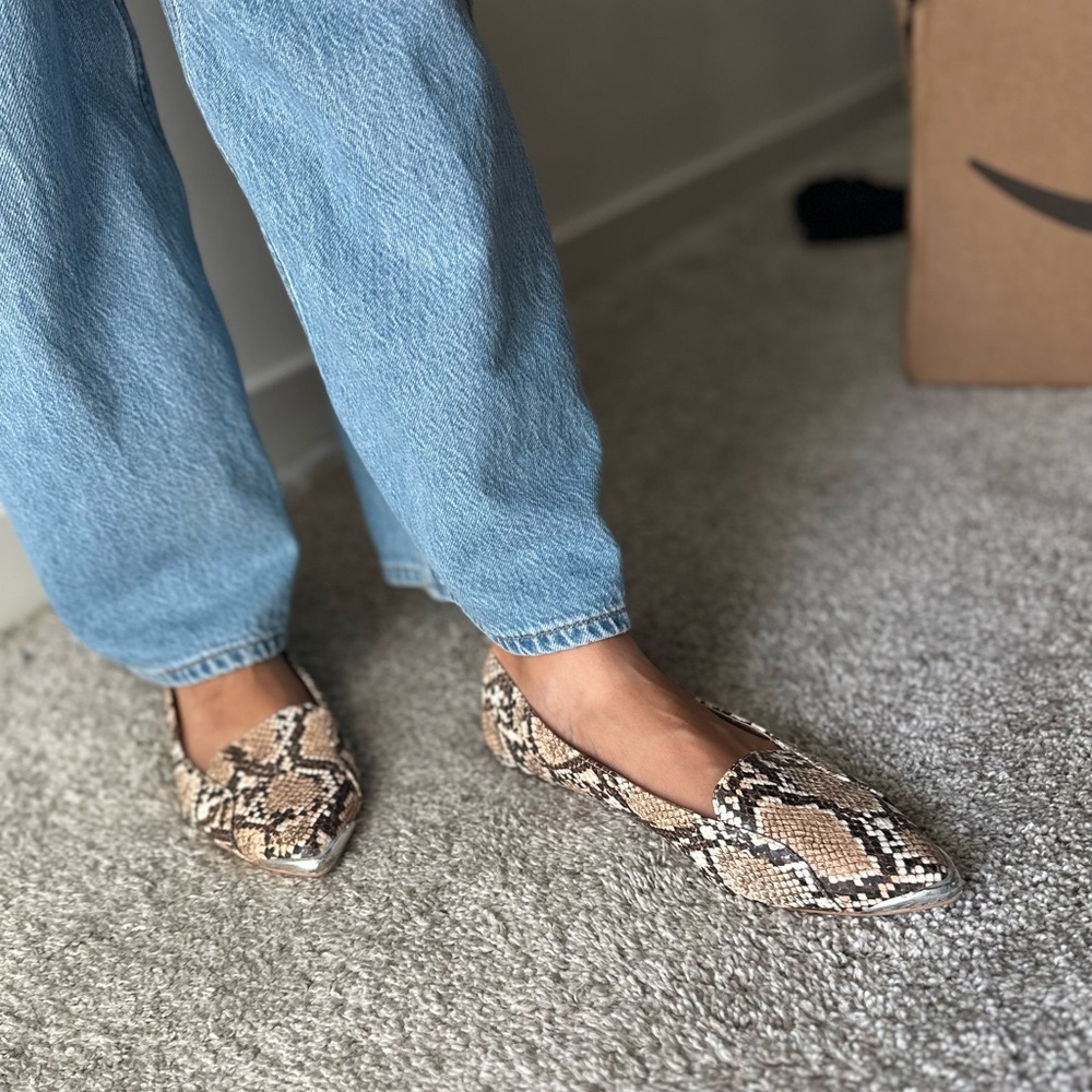 Penny Loves Kenny Nik Flat, Brown Snakeskin Print Flats w/ Silver Toe, Size: 8W